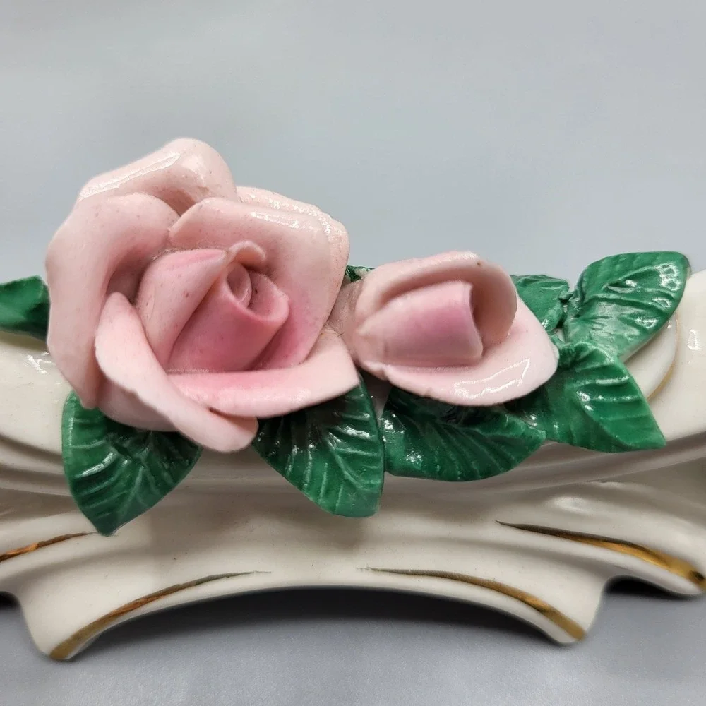 Vtg Dresden Porcelain Rose Double Candle Holder Candlestick Set of 2 Germany